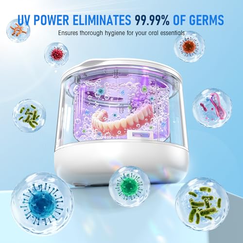 Ultrasonic Retainer Cleaner Machine,45kHz Dental Cleaning Pod with Timer,4 Modes,200ML UV Denture Cleaner,for Retainers,Nightguards,Braces etc.,Snow White Snow White