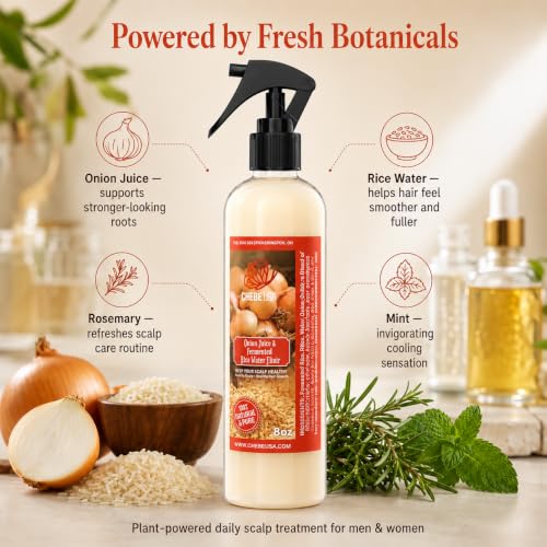 Fresh Onion Juice & Rice Water Hair Growth Spray with Rosemary & Mint (4 oz)– Strengthens Roots, Reduces Hair Fall, Promotes Thicker, Fuller Hair–Natural Scalp Treatment for Men & Women Unscented 4 Fl Oz (Pack of 1)