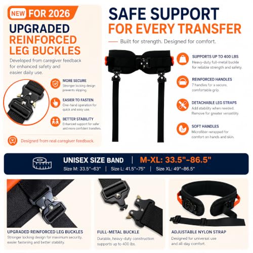 Gait Belt with Handles for Seniors, Metal Buckle, Black, M