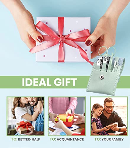 Manicure Set Nail Kit - 7 Pcs Travel Nail Clippers with Green Leather Bag