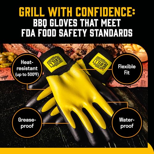 Hey Grill Hey Pitmaster Gloves | BBQ Gloves | Heat Protection up to 500°F or 260°C | High Temp Resistance | Fireproof Glove for Grilling Smoking Barbecue | Washable Mitts | Waterproof | Size - XL X-Large