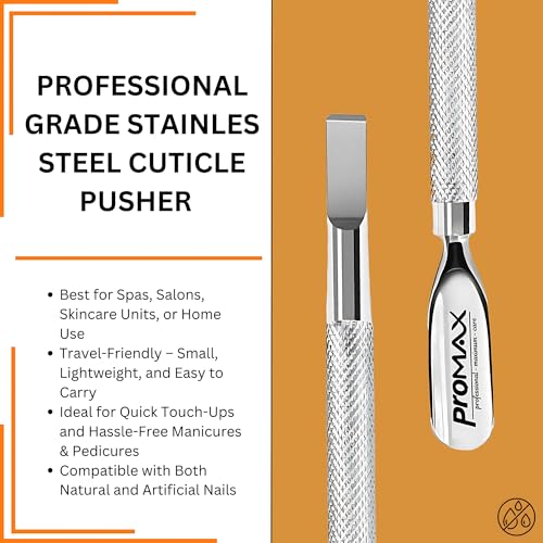 ProMax Care Double Ended Cuticle Pusher and Nail Cleaner Professional Grade Surgical Stainless Steel Dual Action Manicure and Pedicure Tool for Fingernails and Toenails Silver