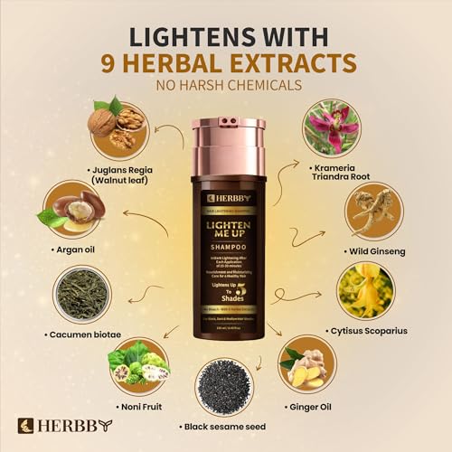 HERBBY Hair Lightening Shampoo, Bleach-Free with 9 Herbals Formula for Lightening Black, Dark & Medium Hair Colors – Instant Lightening with each use, No Damage – 250ml