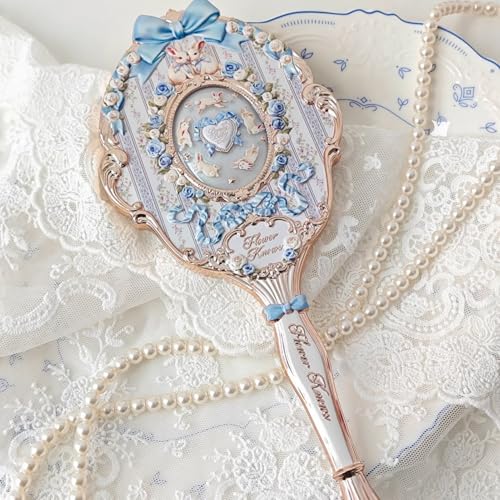 Flower Knows Bunny Garden Hand Mirror, Blue Decorative Makeup Mirror Bunny Garden-cloudy Blue 8.4"L x 4.2"W