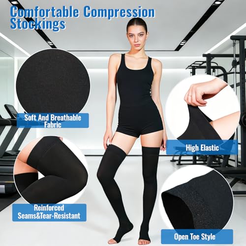 Compression Stockings, 20-30 mmHg Thigh High Compression Socks Open Toe XX-Large Black