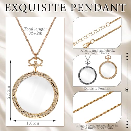 Chunful 2 Pcs 10x Magnifying Glass Necklace for Women, Silver,Gold