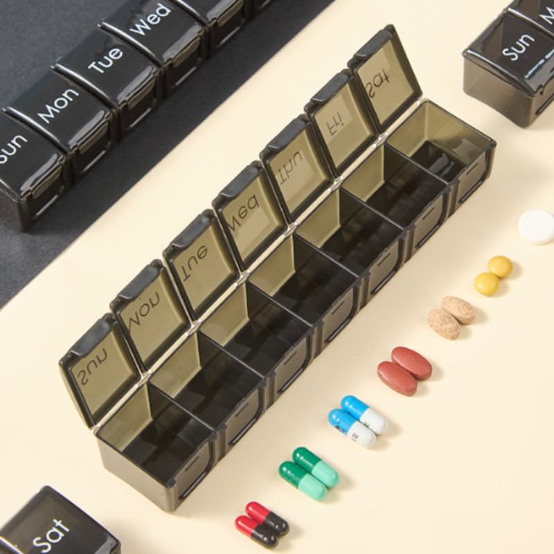 Weekly Pill Organizer 7 Day, Daily Medicine Planner with Large Compartments, Portable Vitamin and Supplement Organizer Case, Travel Friendly Design (Black)