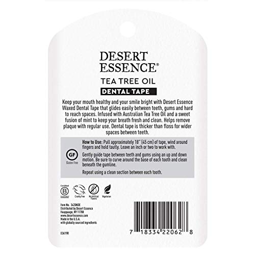 Desert Essence Tea Tree Oil Dental Tape - 30 Yards - Pack of 6 - Naturally Waxed w/Beeswax - Thick Flossing No Shred Tape - On The Go - Removes Food Debris Buildup - Cruelty-Free Antiseptic 30 Foot (Pack of 6)