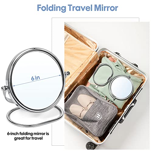 Portable Folding Travel Makeup Mirror,1X/10X Magnifying Vanity Mirror,6” Double-Sided 360° Swivel,Handheld & Wall Hanging Metal Mirror for Home and On-the-Go Use,Travel Storage Bag Included,No Light Silver-6in-10x