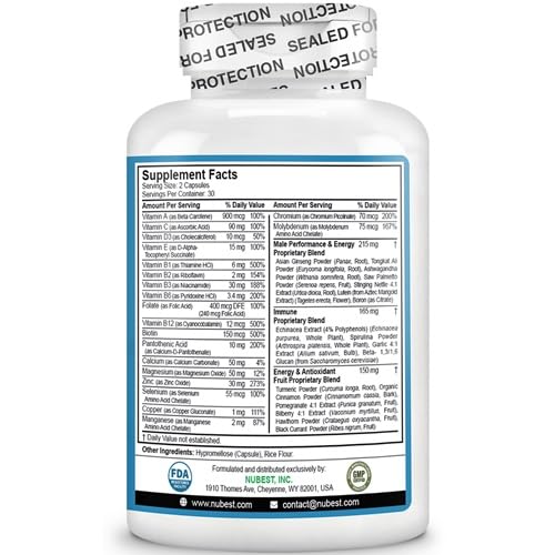 Multivitamin for Men with 38 Key Nutrients, B Complex, D3, A, C, Zinc, Magnesium, Calcium, Asian Ginseng, Ashwagandha, Turmeric for Bones, Muscle, Immunity | 60 Vegan Capsules | 1 Month Supply Men's Multi 60 Count (Pack of 1)