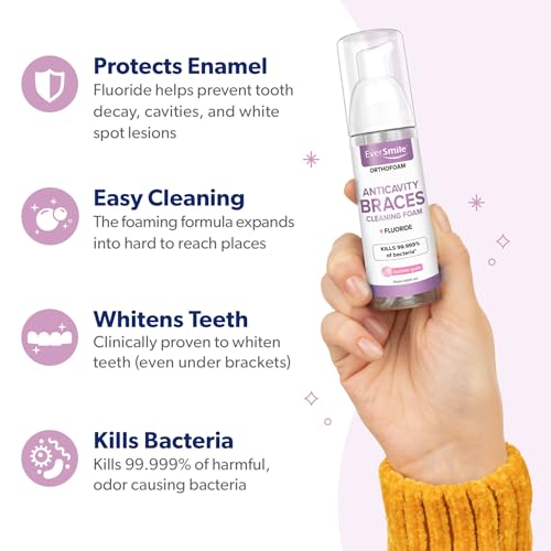 EverSmile OrthoFoam Anticavity Braces Cleaner w/Fluoride — 60 Uses Per 50ml Bottle – Helps Strengthen Enamel & Protect Against Cavities – Foam Cleans Under Metal & Ceramic Braces – 2 Pack, Bubble Gum