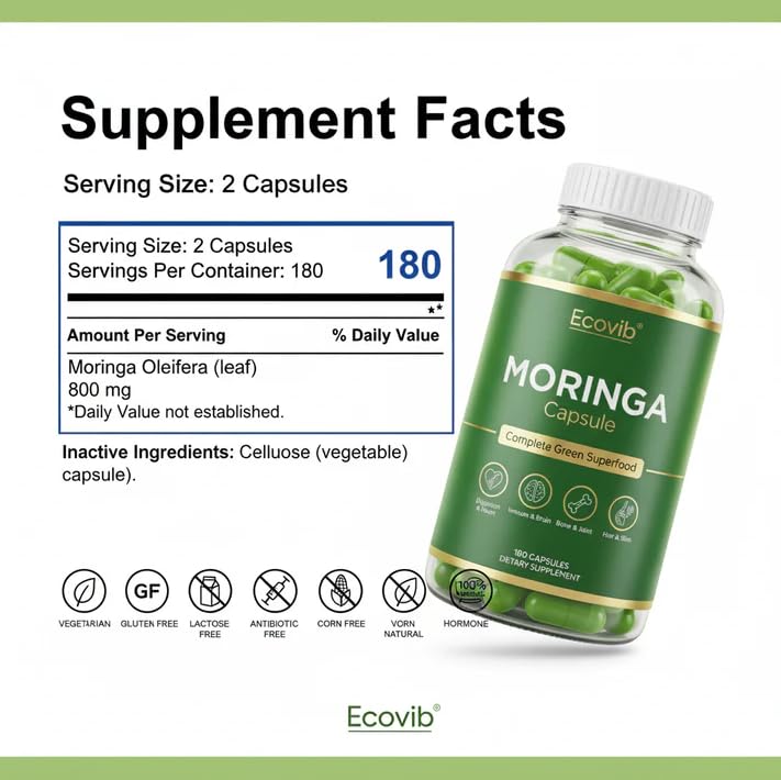 Moringa Capsules, 180 Vegan Capsules, 600 mg | ECOVIB Moringa Capsules Organic Superfood, Energy Support, Immunity Support, Detox Support