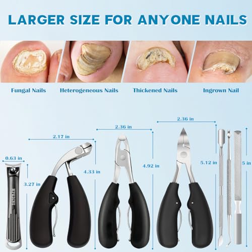 2026 Heavy Duty Toenail Clippers for Thick Nails, 7-in-1 Pedicure Kit with Catcher for Seniors & Men, Professional Wide Jaw Ingrown Toe Nail Clipper Set, Podiatrist Tool 7-in-1 Black