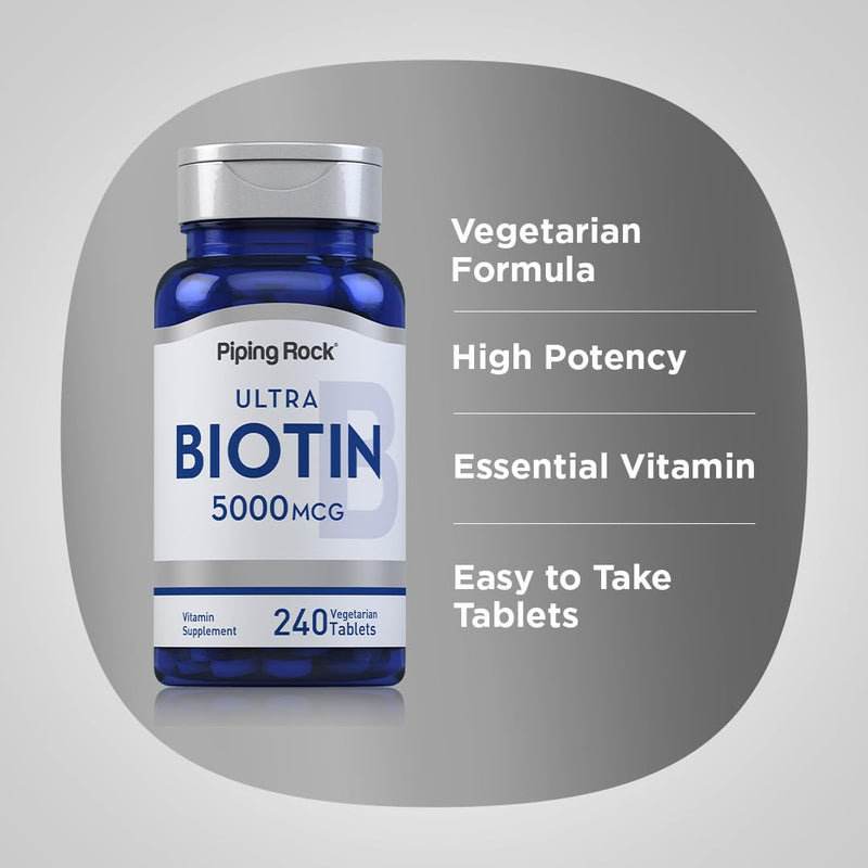 Piping Rock Biotin 5000mcg | 240 Tablets | Vitamin Supplement | Vegetarian, Non-GMO, Gluten Free