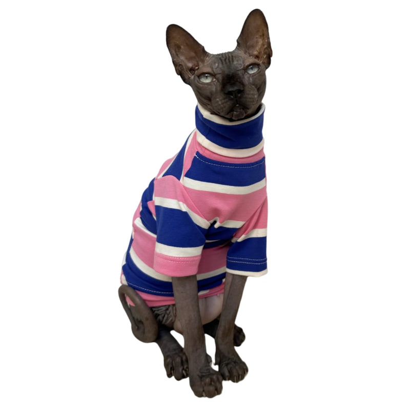 Vintage Stripes Sphynx Hairless Cats Shirt Cotton Cat Turtleneck Pet Clothes Kitten T-Shirts with Sleeves for Sphynx Cats (Wide Pink Blue Stripe, Large) Wide Pink Blue Stripe - BeesActive Australia