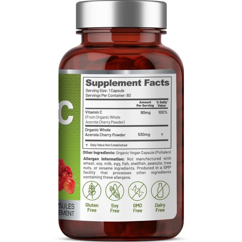 USDA Organic Corn-Free Whole Food Vitamin C, 90mg, Immune & Collagen Support, Freeze-Dried Acerola Cherry, Antioxidant Support, 2 Ingredients, No Fillers, 3rd-Party Tested, 60 Day Supply