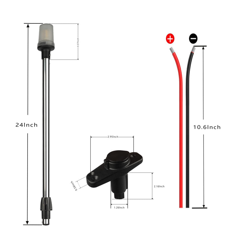 Stern Light Anchor Light LED Marine Boat Navigations Lights Pole USCG 2 NM All Round White Removable 2 Pin 10-24 Volt 24 Inches (Plug In Angled Base) Plug In Angled Base