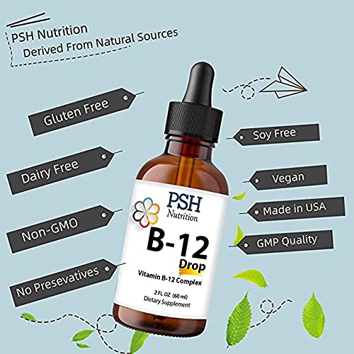 Premium PSH B Complex Liquid Drops with B12 - Natural Energy Booster - USA Made Supplement for Energy and Focus Stress Relief and Energy and Immune Support - 2 fl oz
