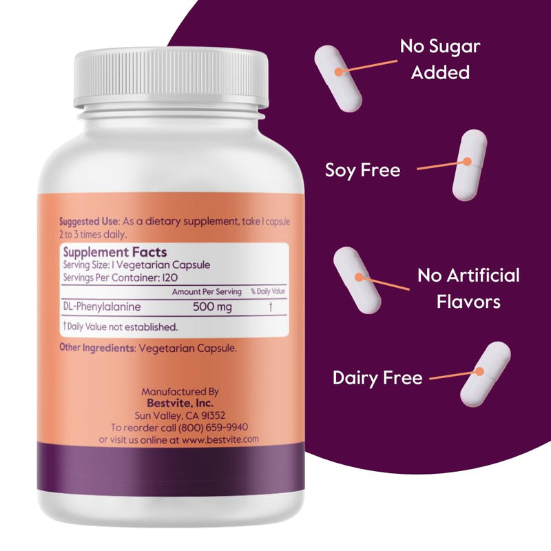 BESTVITE DL-Phenylalanine 500mg (240 Veg Caps) (120x2) - No Stearates | No Fillers - Vegan - Gluten Free - Non GMO - Amino Acid Supplement 1 Count (Pack of 240)