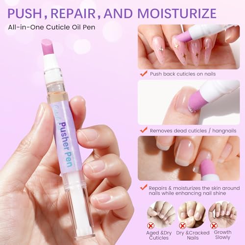 Cuticle Pusher Oil Pen for Nails, 3 in1 Ceramic Cuticle Remover with Oil Lavender