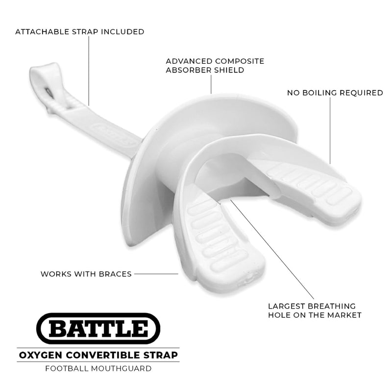Battle Sports Oxygen Football Mouthguard - Football Mouth Guard with Strap, Superior Airflow & Better Performance, Maximum Breathability, Works with Braces - Texas Plate/White - BeesActive Australia