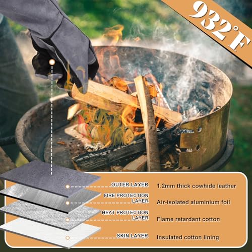 16" Leather Forge Welding Gloves, 932℉ Heat/Fire Resistant, Multi-Use Mitts for TIG/MIG Welding, BBQ, Oven, Baking, Furnace, Beekeeping, Animal Handling & Stove Safety，Ambidextrous Large Crey