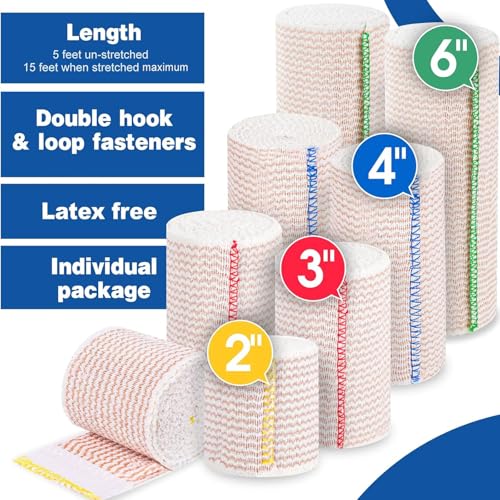 AZEN Premium 8 Pack Elastic Bandage Wrap (2x2", 2x3", 2x4", 2x6"), Compression Wrap Bandage for Legs, Ankle, Knee, Tummy, Body, Latex-Free, Lymphedema Wraps for Legs Mix 8p (2+3+4+6) 2 Inch, 3 Inch, 4 Inch, 6 Inch
