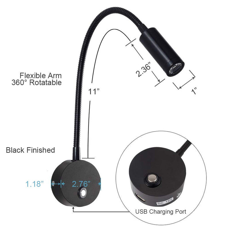 Dimmable RV Reading Light with USB Charging Port, DC 12V RV Interior Lights, Flexible LED Light Fixtures, Designed for Camper, Van, Boat and Motorhome, 2 Pack(Black) Dimmable/ Black/ 2 Pack - BeesActive Australia