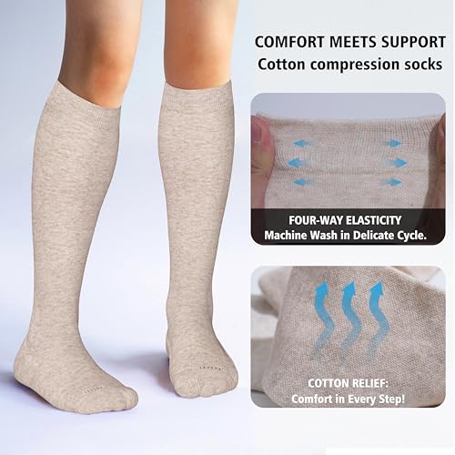 LEVSOX Cotton Compression Socks for Women&Men 20-30mmHg Knee High Cute Support Sock for Nurses Pregnancy Travel 2 Pairs-grey&beige Medium-Large