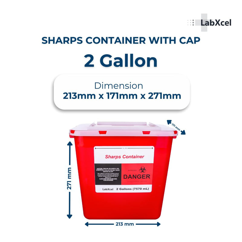 Polypropylene 2 Gallons Sharps Container with Cap ‚Äì Needle & Syringe Disposal for Home & Professional Use, Free Standing, Translucent Sliding Lid, PVC-Free Medical Waste Bin ‚Äì Red, 2 Count