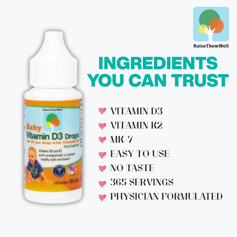 Raise Them Well- Vitamin D and K Drops for Bone and Teeth Health, 365 Servings, 0.36 fl/oz | D3 and plant-based K2 MK-7 support calcium absorption, bones and healthy teeth | Flavorless formula designed for little ones
