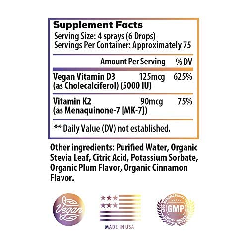 Ideal Infusion Vegan Vitamin D3 5000 iu with K2 (MK-7) Liquid Spray: Organic Plum with Cinnamon - Bone Health, Immune Support, Bone Structure (75 Servings)