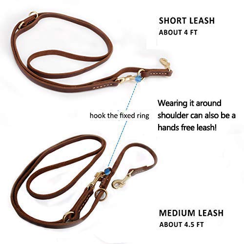 Multi Function 8ft Leather Dog Leash, Genuine Leather Hands Free Leash for Small, Medium and Large Dogs Brown 8ft*1/2inch