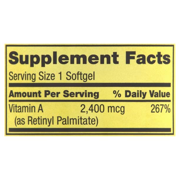 Spring Valley Vitamin A Supplement 2400 mcg- 250 Softgels Pack of 2 500 Count (Pack of 1)