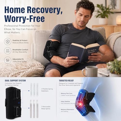 2026 Upgraded Elbow Brace for Cubital Tunnel with Tri-Support & 6 Interchangeable Rods - Ulnar Nerve Support Adjustable Night Splint for Tendonitis, Tennis Elbow for Men & Women