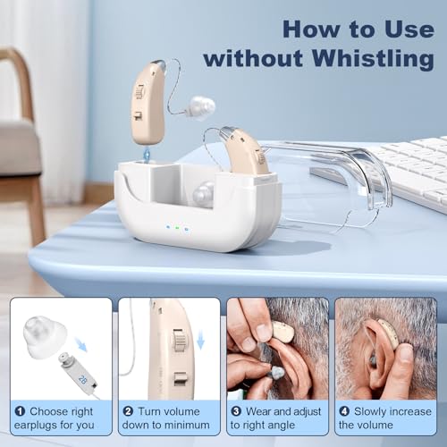 Rechargeable Hearing Aids for Adults & Seniors, hearing aids, Noise Cancelling Behind-the-Ear Amplifiers – Portable Charging Case, Lightweight, Stepless Volume Adjustment (Brown) Brown