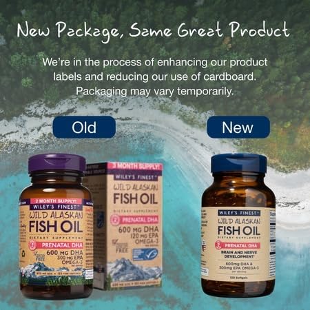 Wiley's Finest Wild Alaskan Fish Oil Prenatal DHA, 120 Count (Pack of 1) | Prenatal Softgels, 300 mg EPA and 600 mg DHA, Supports Brain and Nerve Development - For Pregnant Women and Nursing Mothers 120 Count (Pack of 1)