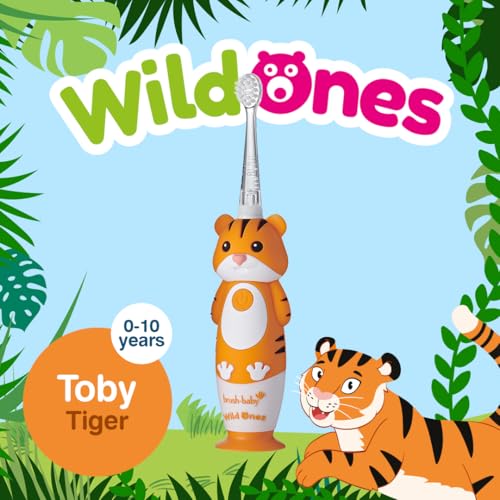 BrushBaby - WildOnes - Kids Rechargeable Electric Toothbrush, Ages 0-10 - Tiger Design with Flashing Lights - DeepClean Bristles for Superior Cleaning - 2 Replacement Brush Heads, 1 USB Cable