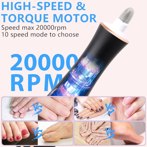Professional Manicure Pedicure Kit, Cordless Electric Nail File Set, 360° LED Light Nail Drill Machine with LCD Display, 10 Speeds Rechargeable Nail Drill for Gel Nail Thick Toe Nails Christmas Gifts Black-1 Pack