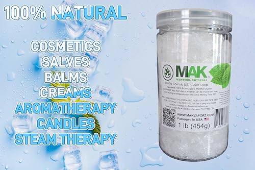 Mak Menthol Crystals 1 lb - Pure Organic 100% Natural - Menthol Crystals from Mint Crystal Mints Mentha Arvensis - Comes in a Jar for Long-Lasting Freshness