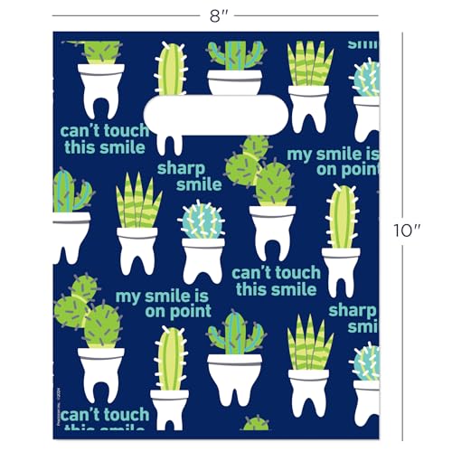 Practicon Cactus Teeth 8" x 10" Dental Giveaway Bag, Dental Hygiene Patient Care Goodie Bag, Dentist Office Plastic Gift Bags, 100 Pack 8" x 10"