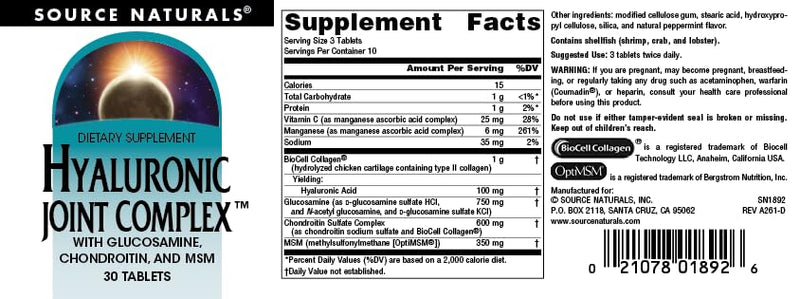 Source Naturals Hyaluronic Joint Complex with Glucosamine, Chondroitin & MSM* - 30 Tablets 30 Count (Pack of 1)