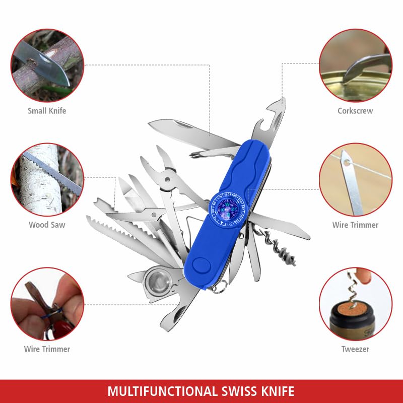 Swiss Eagle 30-in-1 Classic Pocket House Hold & Campaign Tool, Premium Multi Tool Pocket Tool with Compass, Scissor, Screwdriver, Plier, Magnifying Glass, Tweezer for Christmas Gifts - Blue