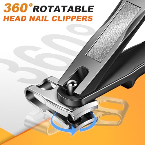 Toenail Clippers for Thick Toenails, Angled Head Toe Nail Clippers with Catcher, 360° Rotating Nail Clippers for Men, 37mm Wide Opening Nail Cutter for Ingrown Toenails, 5PCS Seniors Foot Repair Set Ingrown & Angled & Rotating