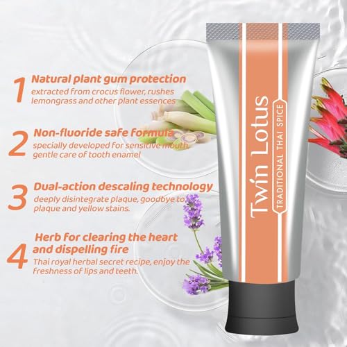 Twin Lotus Natural Herbal Thai Flavor Toothpaste, Fluoride Free,Non GMO,Nature Curcumin Clove Toothpaste,Improve Oral Health Remove Tartar,3.52oz 3 PKs