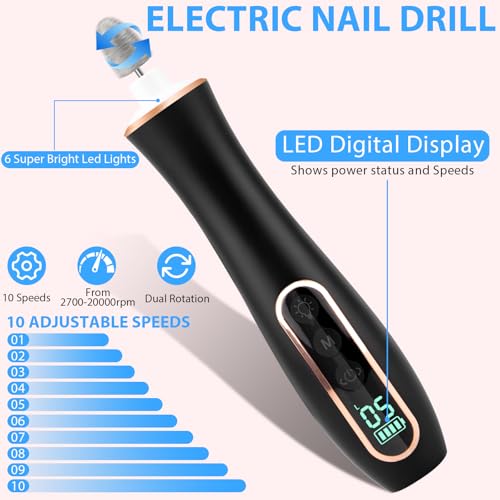 Professional Manicure Pedicure Kit, Cordless Electric Nail File Set, 360° LED Light Nail Drill Machine with LCD Display, 10 Speeds Rechargeable Nail Drill for Gel Nail Thick Toe Nails Christmas Gifts Black-1 Pack