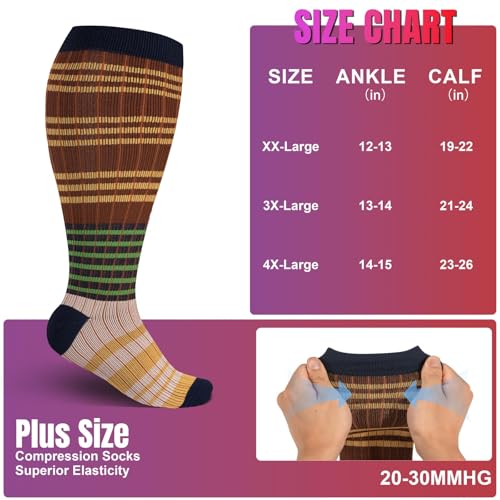 bropite 3/4 Pairs Plus Size Compression Socks for Women & Men 20-30 mmhg-Extra Wide Calf Support Socks for Medical,Running XX-Large 09- 4 Pack Brown Stripes