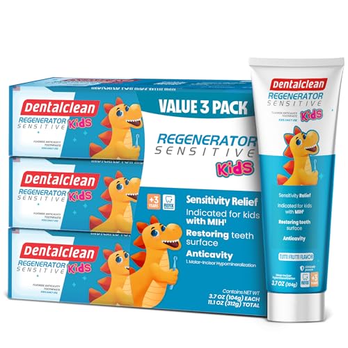 Dentalclean Pack of 3 Kids Gel Toothpastes with MIH Support (Tutti-Frutti Natural) – Enamel Regeneration & Sensitivity Relief, 3.7 oz + Alcohol-Free Mouthwash 33.8 Fl Oz (Blue Diamond Mint)
