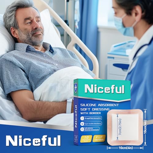 Niceful Silicone Super Absorbent Wound Dressing-4"× 4" Self-Adhesive Bandages for Wound Care, FSA HSA Eligible, Ultra Soft Wound Pads for Bed Sores Leg Ulcers Burns, 10 4"x 4"