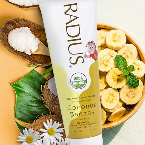 RADIUS USDA Organic Kids Toothpaste 3oz Non Toxic Chemical-Free Gluten-Free Designed to Improve Gum Health for Children's 6 Months and Up - Coconut Banana - Pack of 3 3 Ounce (Pack of 3)